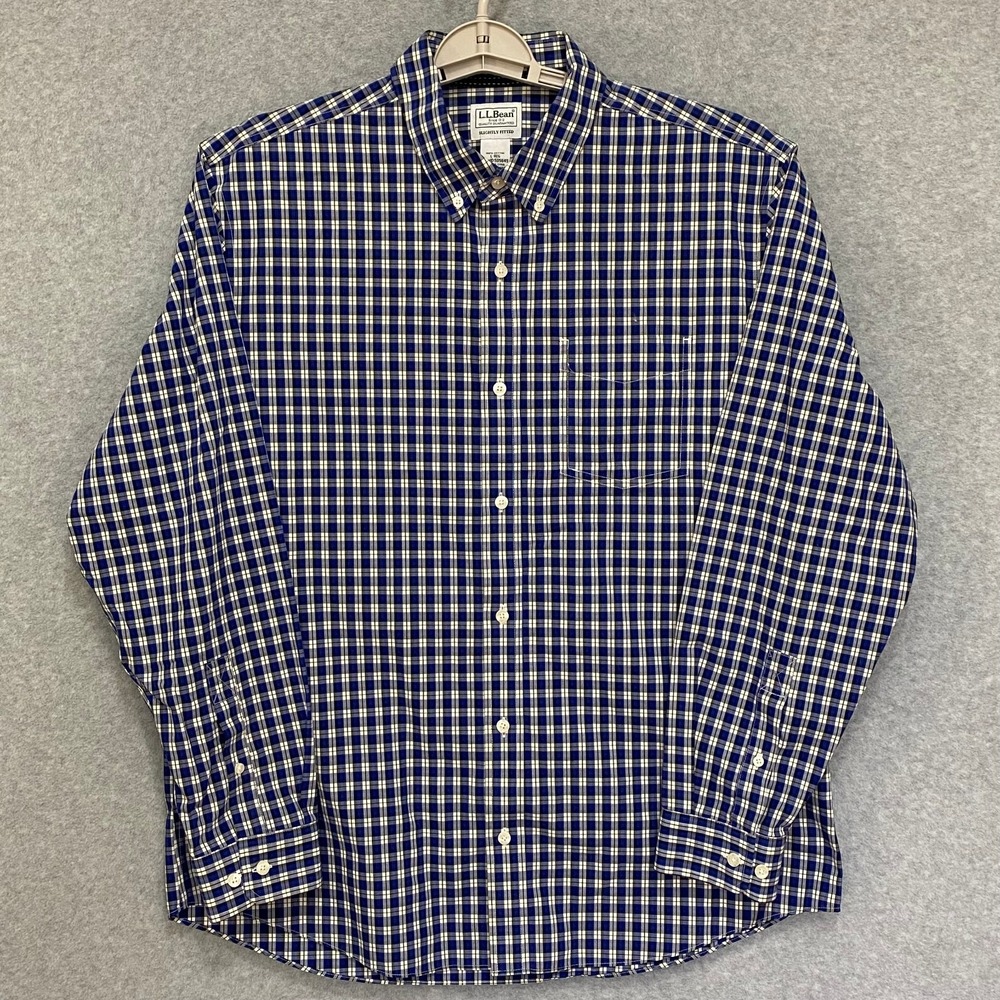 LL BEAN Men's Large Regular Blue Plaid Long Sleeve 100% Cotton Button Down Shirt